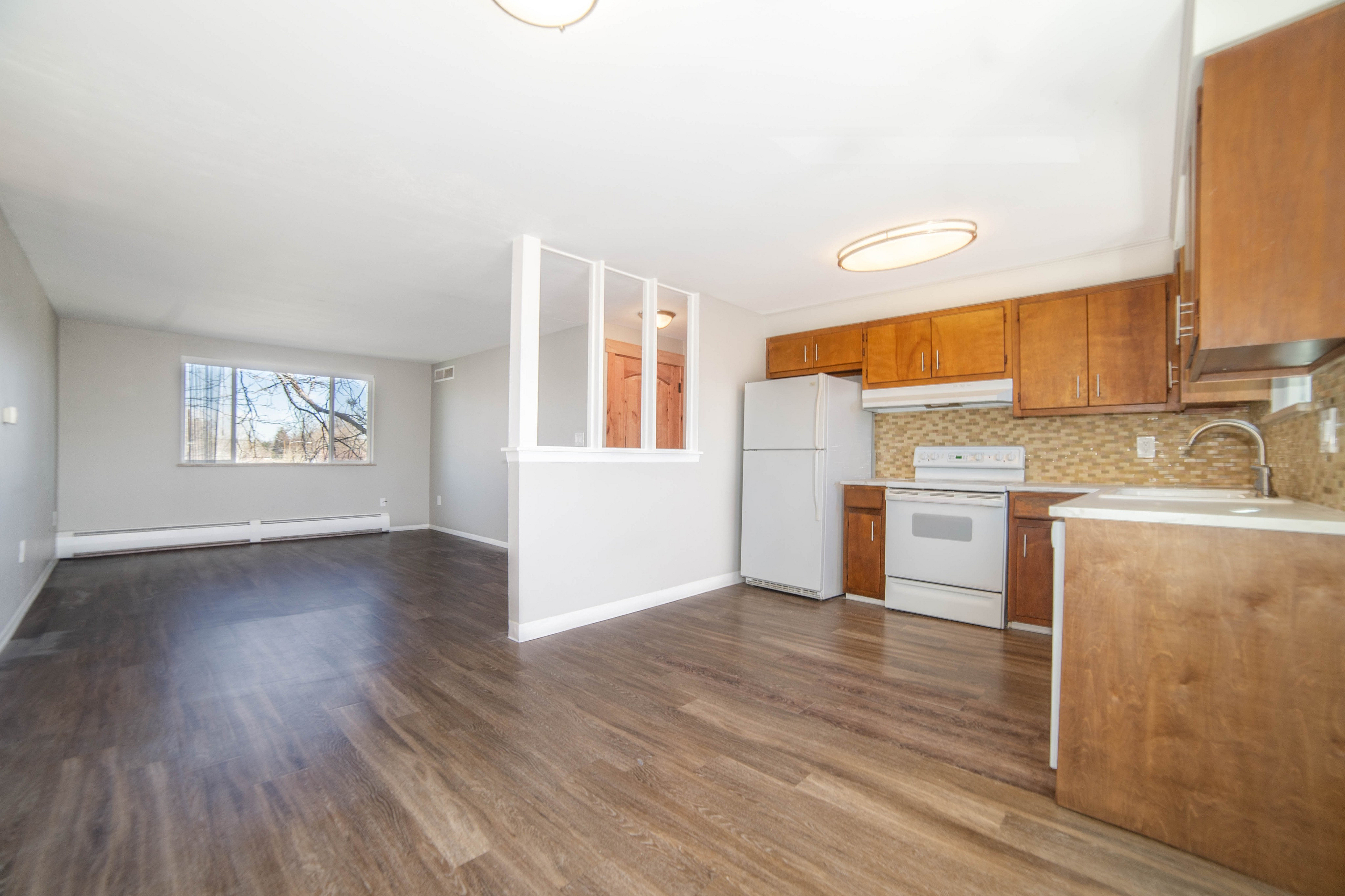 Bright open-concept living area with hardwood floors, modern kitchen, and ample natural light.