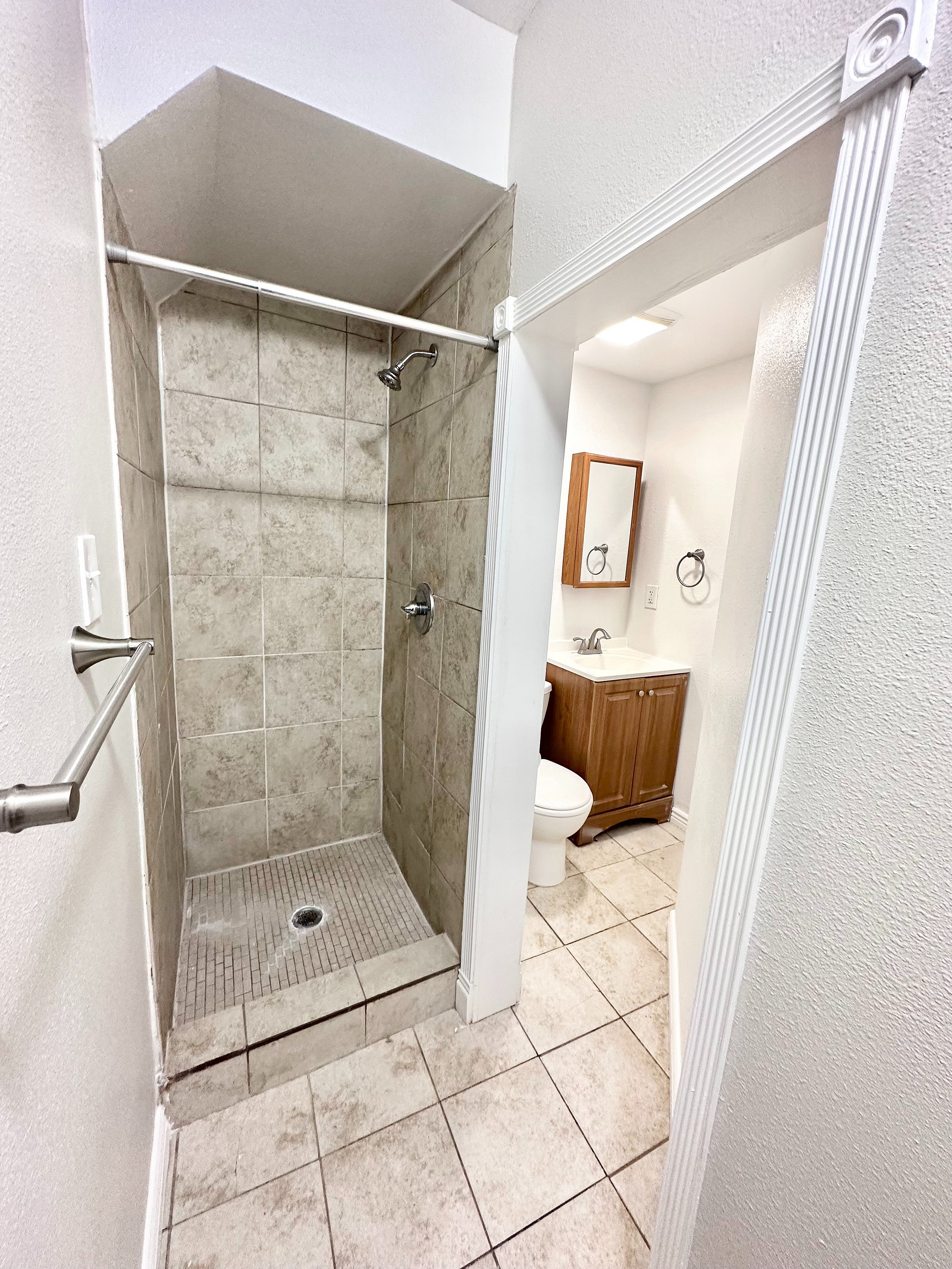 Chic bathroom showcasing a modern walk-in shower with elegant tile work and a sleek vanity.