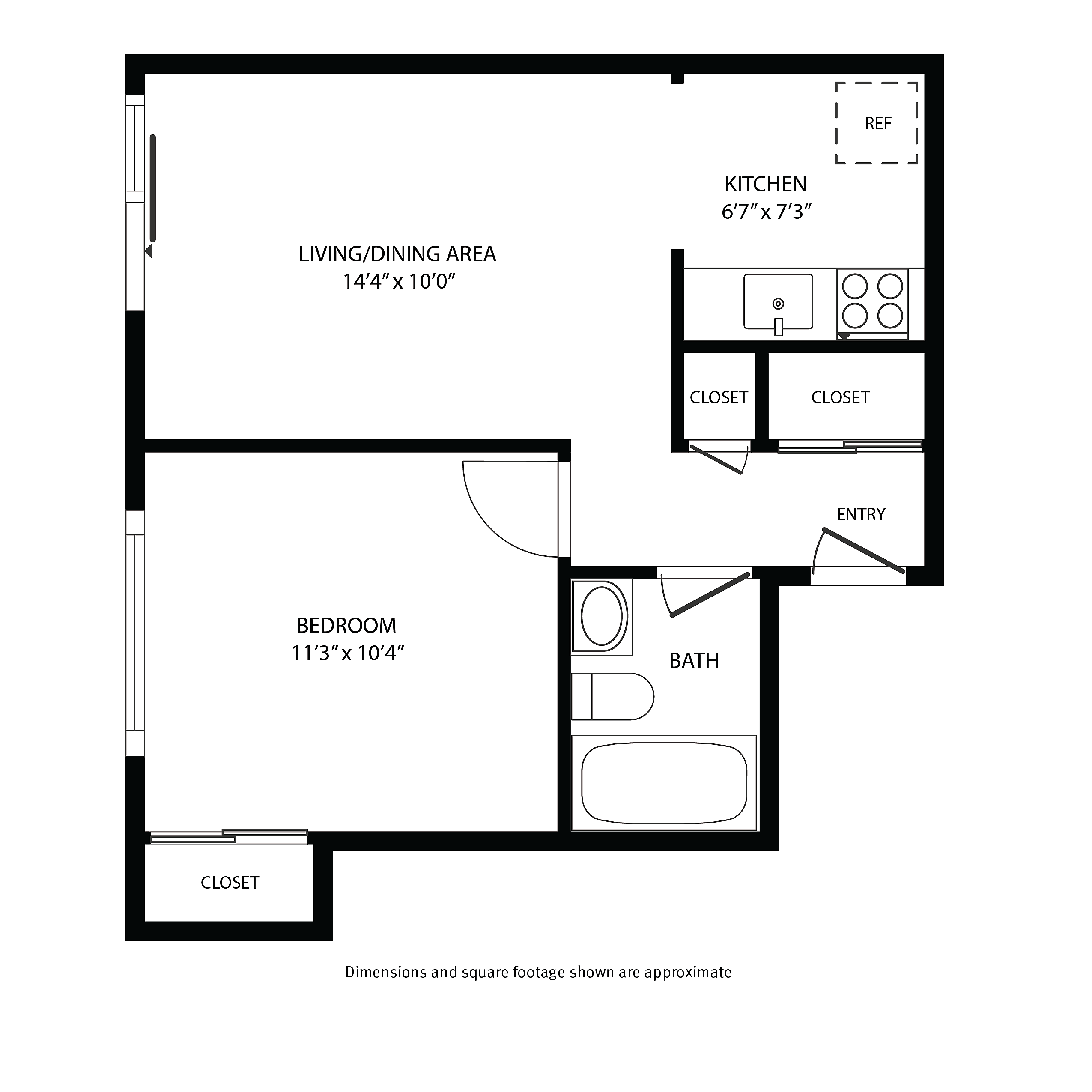 Chic 1-bedroom floor plan featuring a spacious living/dining area, modern kitchen, and ample closet space, offering comfort and style.