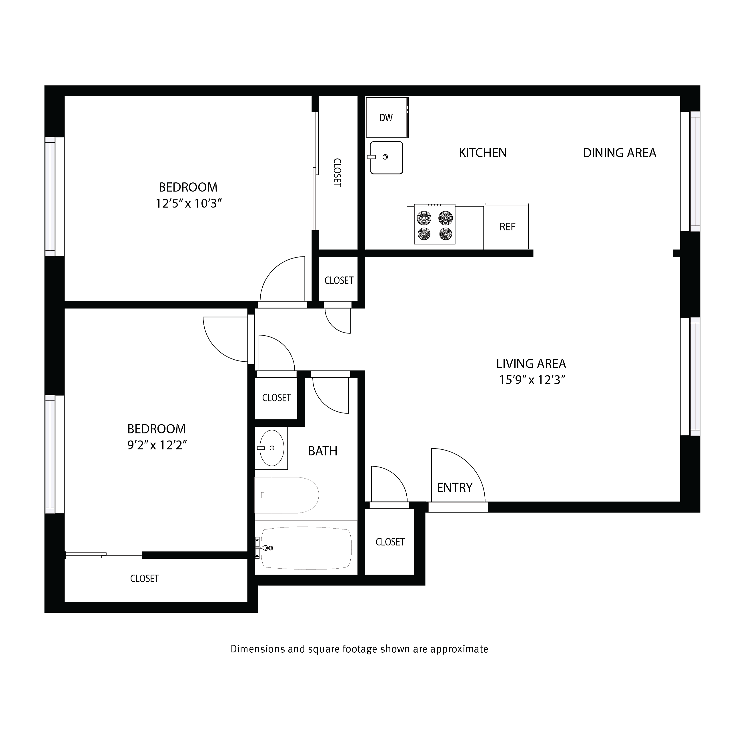 Chic floor plan showcasing 2 cozy bedrooms, modern kitchen with dining area, and inviting living space.