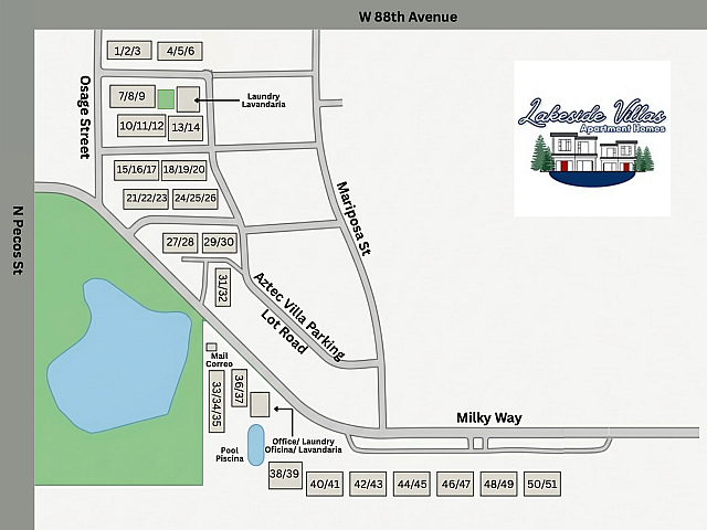 Lakeside Villas community map featuring apartment layouts along Osage Street and scenic pond views near Pecos Street. Includes amenities like a pool, laundry services, and convenient parking areas.
