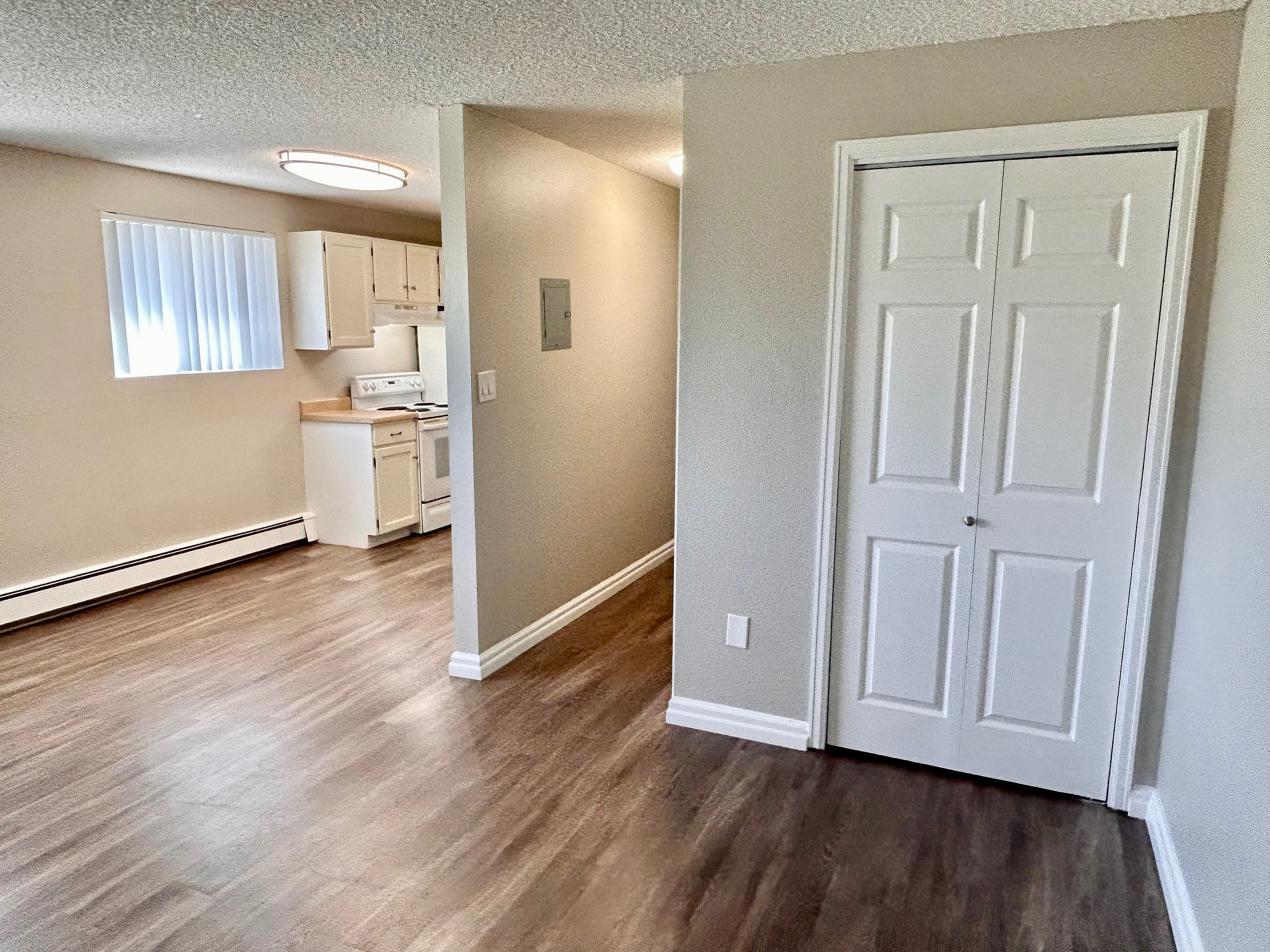 Bright apartment interior with a modern kitchen and hardwood floors.