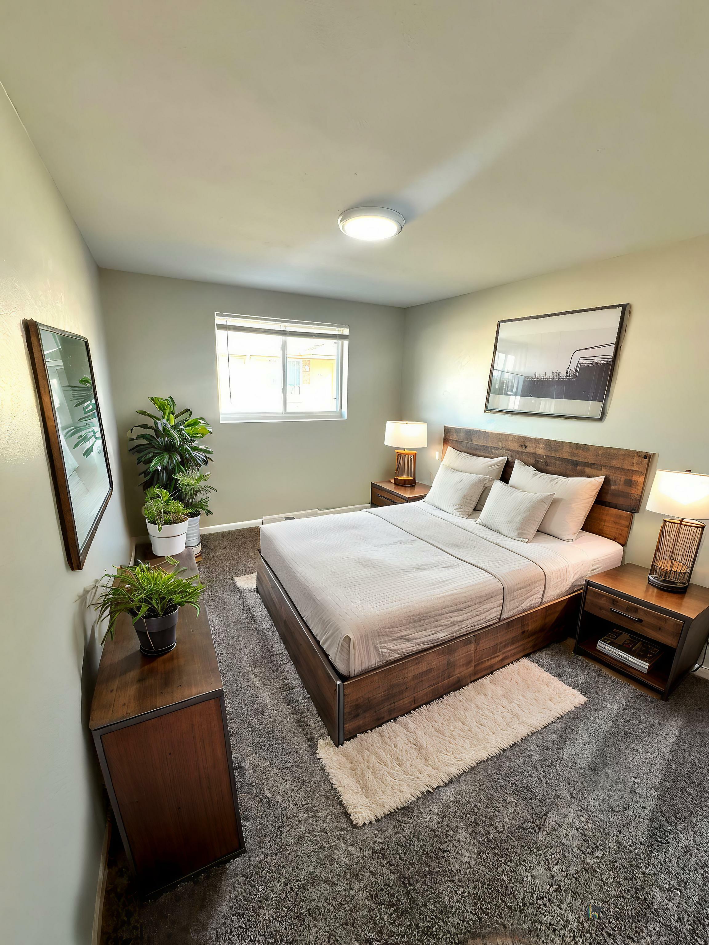 Inviting bedroom with a cozy double bed, stylish wooden furniture, soft gray carpet, and vibrant green plants.