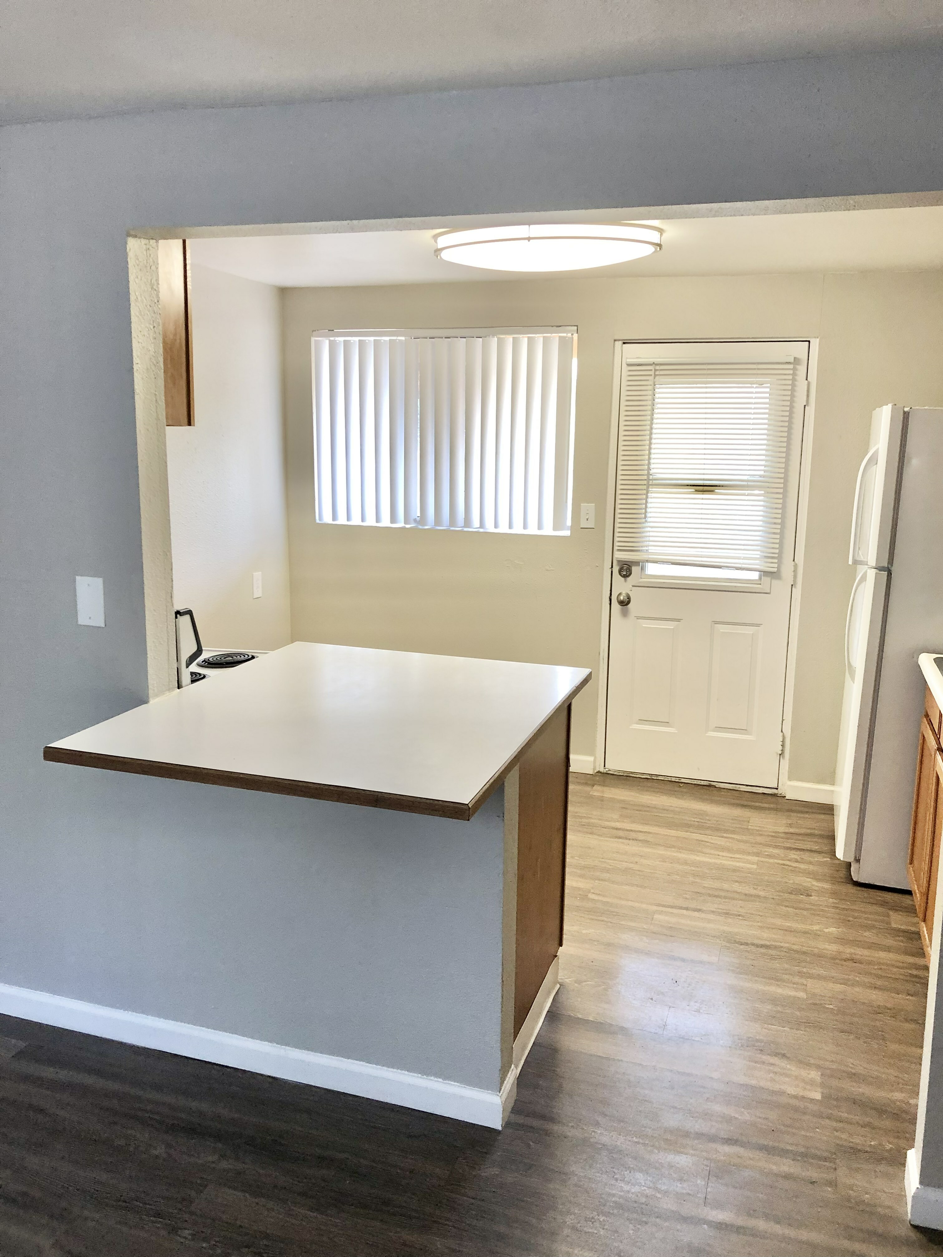 Bright kitchen area with modern lighting, compact counter space, and wood flooring, offering a cozy and functional layout.