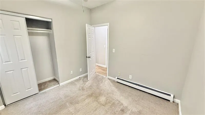 Bright bedroom with soft carpet, open closet, and neutral walls, offering a cozy and inviting atmosphere.
