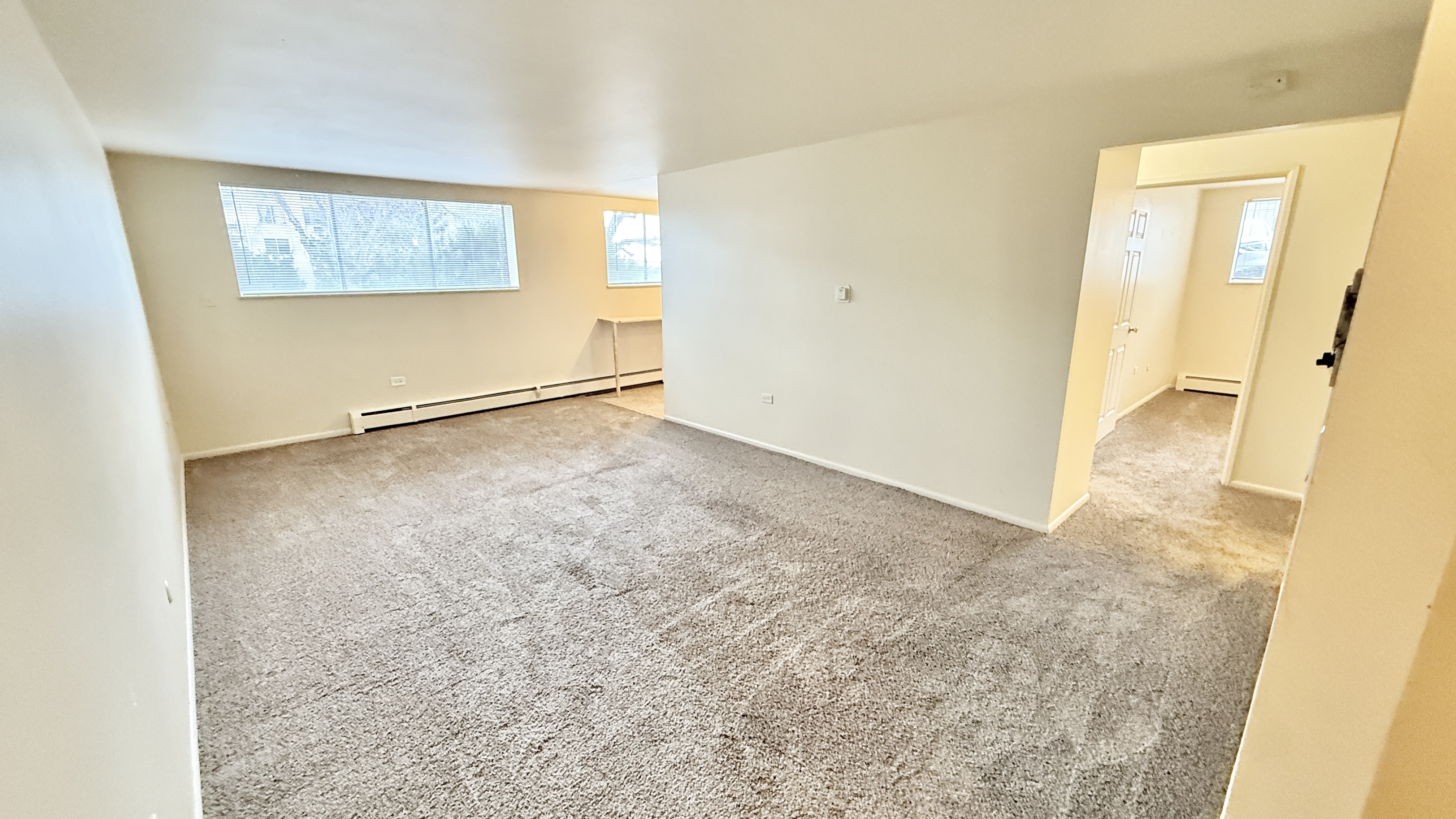 Bright and spacious living area with large windows and fresh carpet, ideal for a cozy apartment setting.