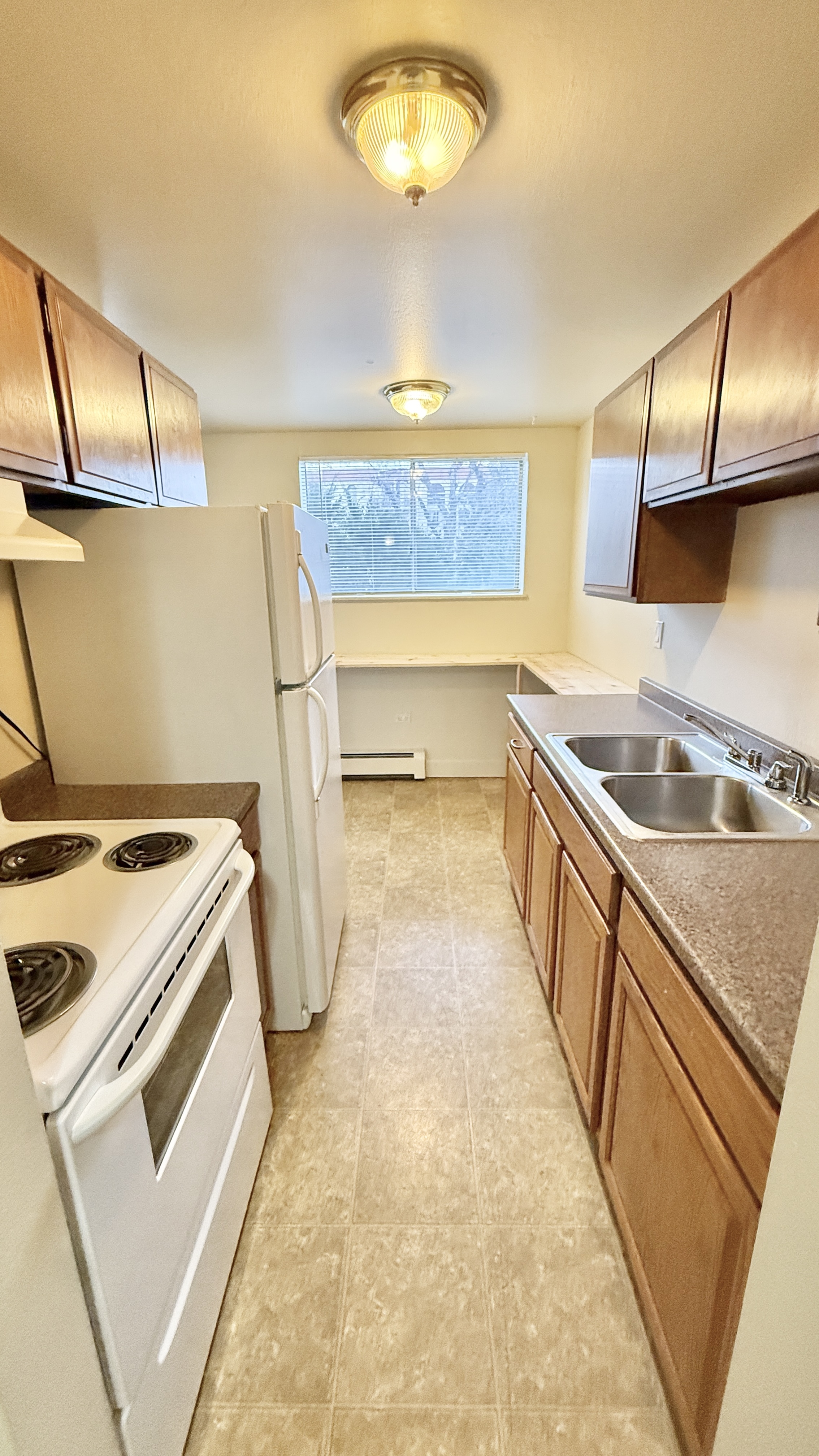 Bright and cozy galley kitchen with modern fixtures, ample countertop space, and wooden cabinetry.