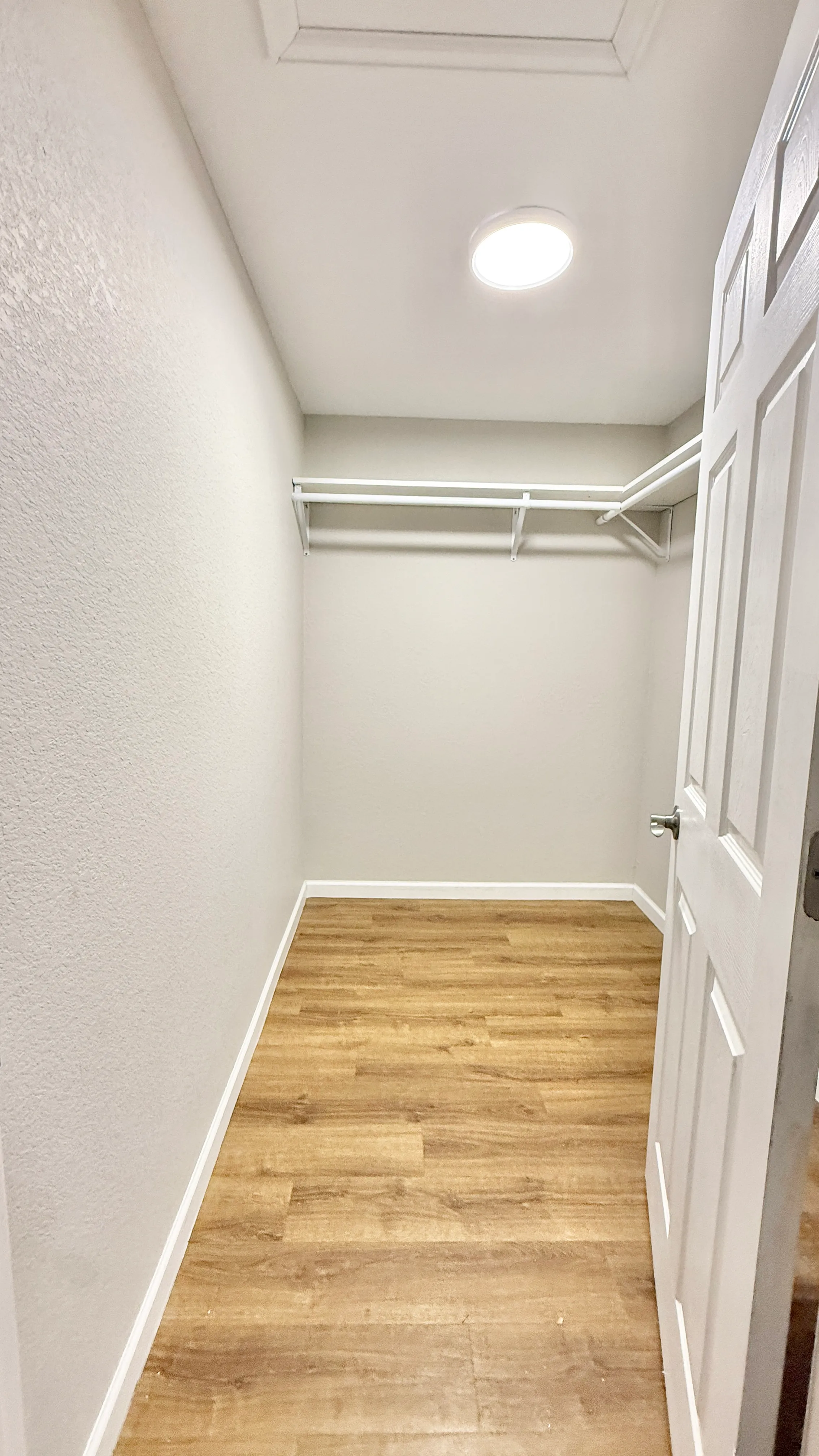 Bright, spacious walk-in closet with wood flooring and ample shelving.
