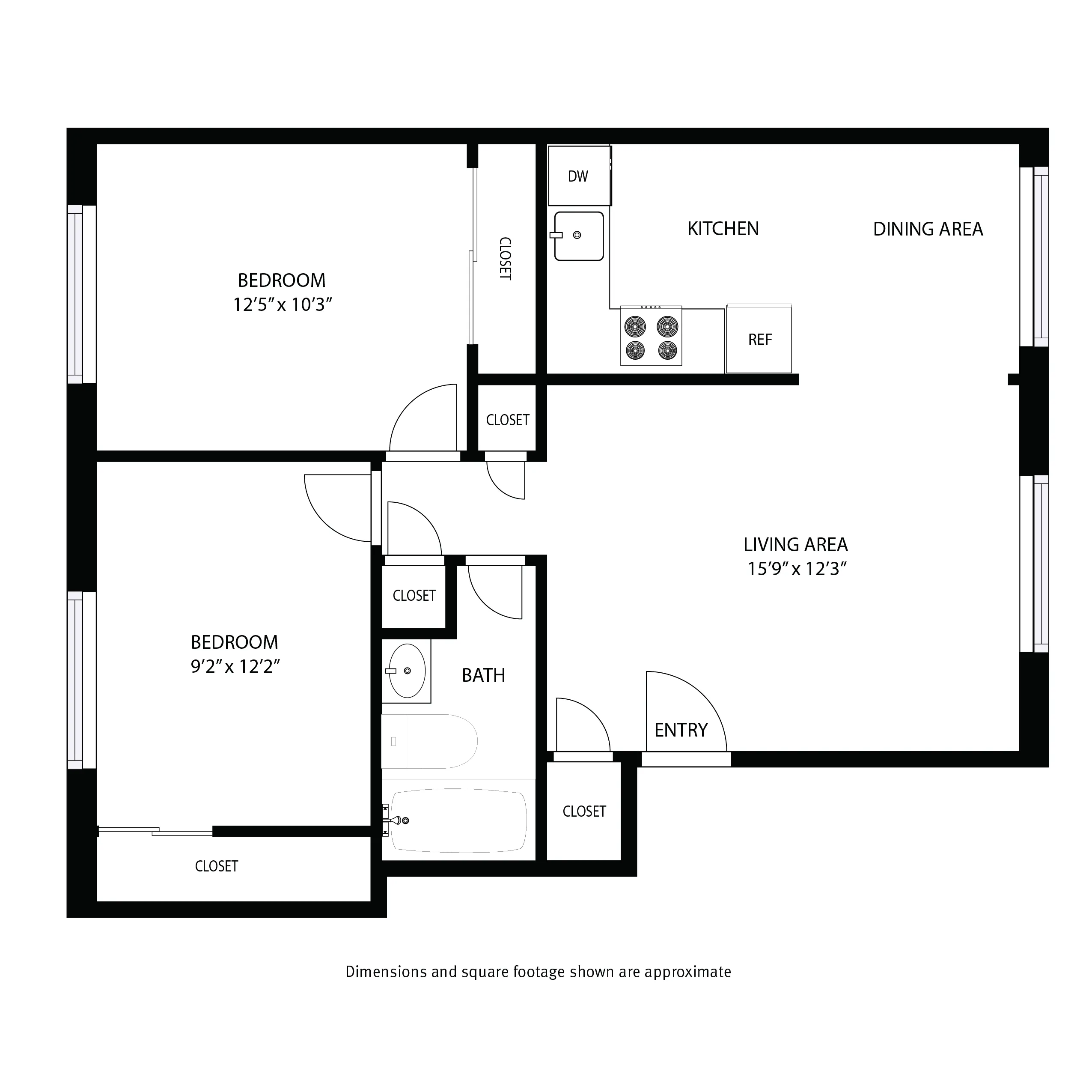 Charming apartment floor plan with two bedrooms, a spacious living area, well-appointed kitchen, and cozy dining space.