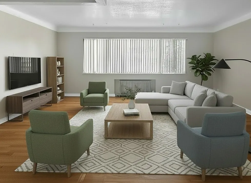 Sophisticated living room with modern furniture, cozy sectional sofa, stylish armchairs, and abundant natural light.