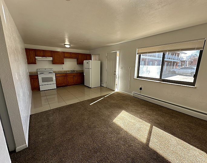Bright and inviting open-plan apartment featuring a modern kitchen with wooden cabinetry, spacious living area, and large windows for ample natural light.