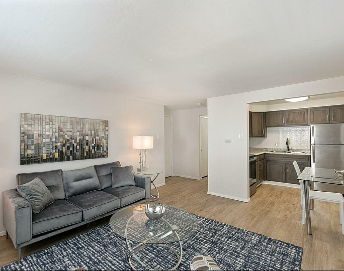 Modern living room with stylish gray sofa, elegant glass coffee table, and sleek open kitchen in the background.
