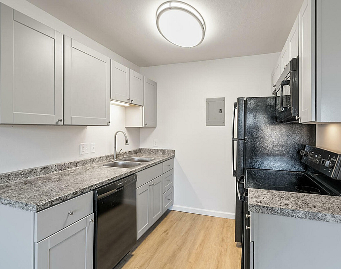 Modern kitchen with sleek countertops, elegant cabinetry, and stainless steel appliances, perfect for culinary enthusiasts.