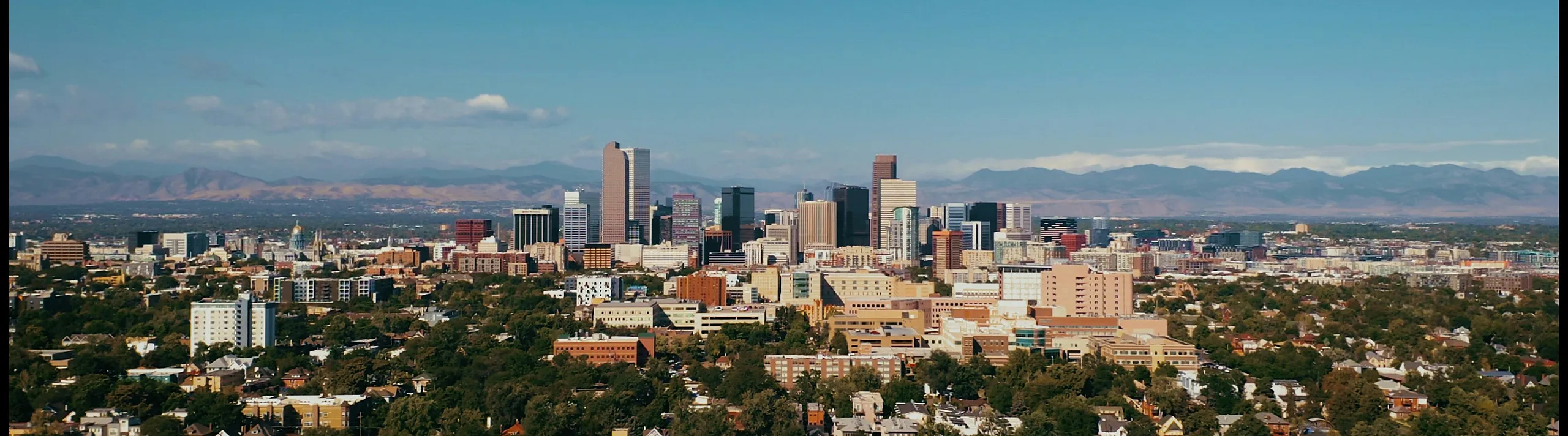 Breathtaking cityscape view of a bustling downtown area surrounded by lush greenery and mountains in the background.