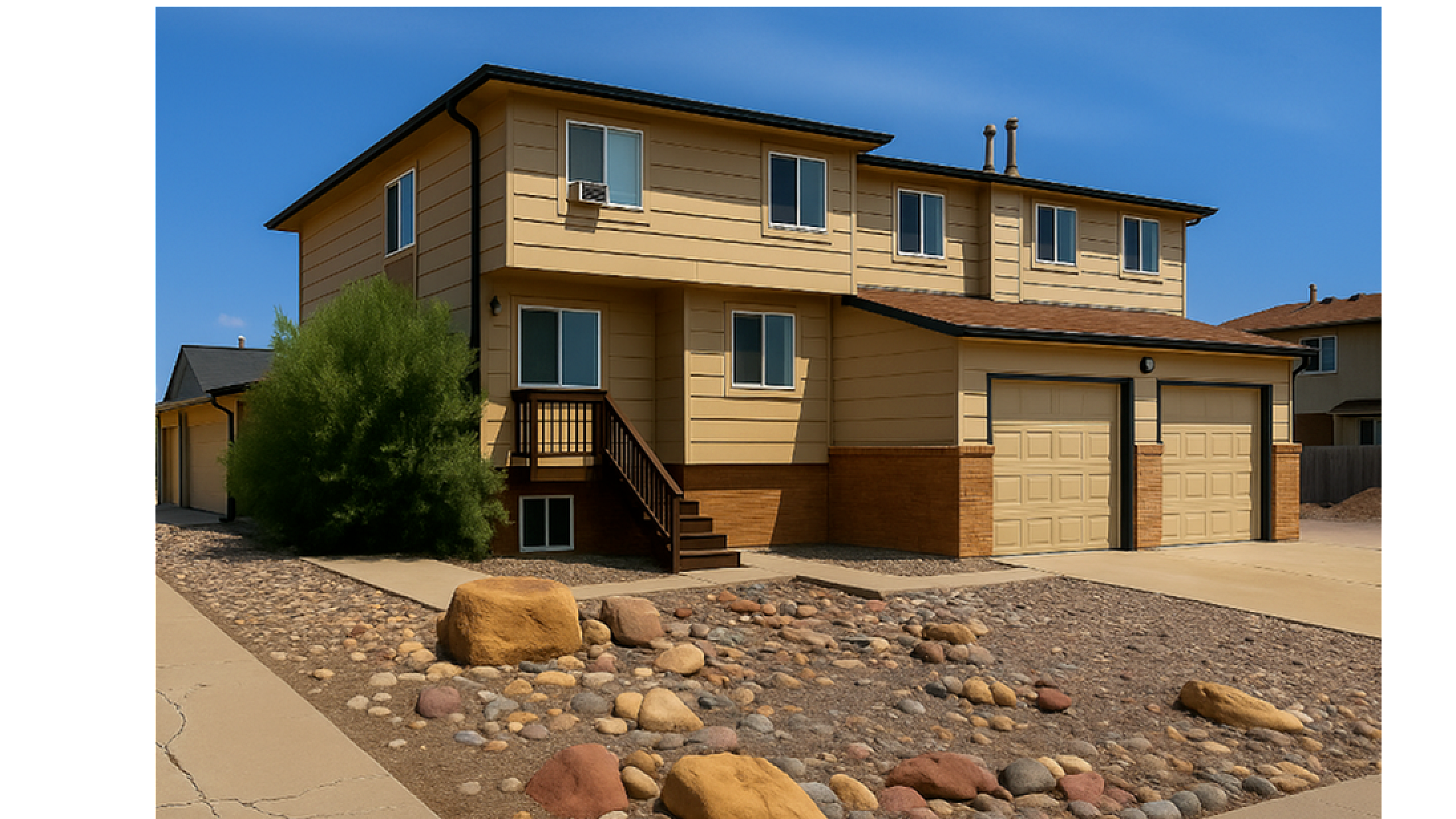 Charming two-story home with double garage, sunny yellow exterior, and a beautifully landscaped front yard with rocks.