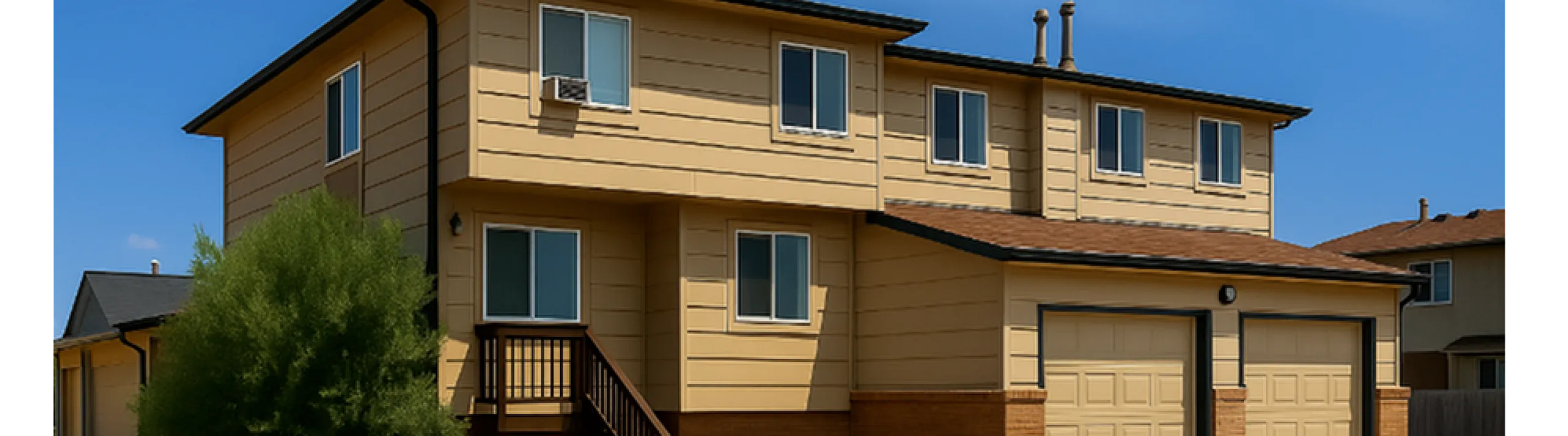 Charming two-story home with a modern beige facade, double garage, and low-maintenance rock landscaping.