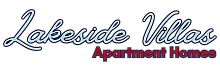 Elegant Lakeside Villas Apartment Homes logo with sleek blue and red typography.