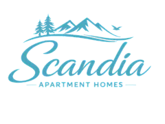 Elegant logo design for Scandia Apartment Homes featuring mountains and trees, symbolizing a tranquil and nature-inspired living environment.