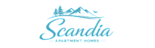 Elegant Scandia Apartment Homes logo with mountain and tree design, exuding tranquility and nature-inspired living.