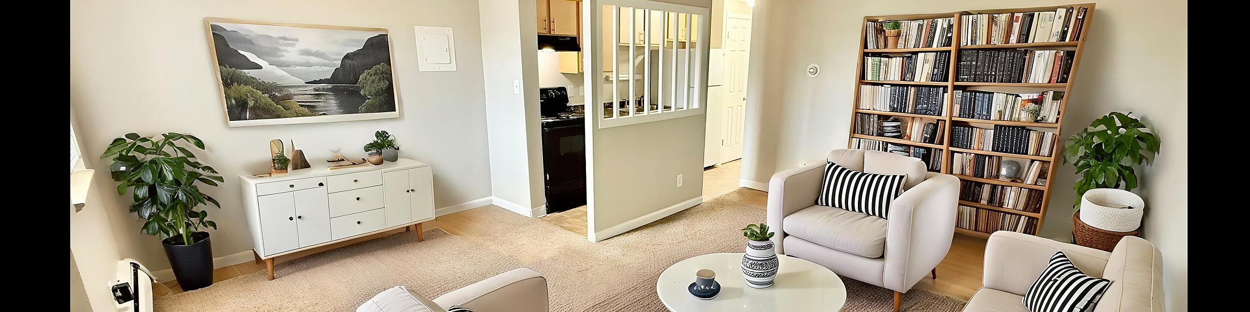 Elegant living room with plush seating, a stylish bookshelf, lush plants, and an inviting view into the modern kitchen.