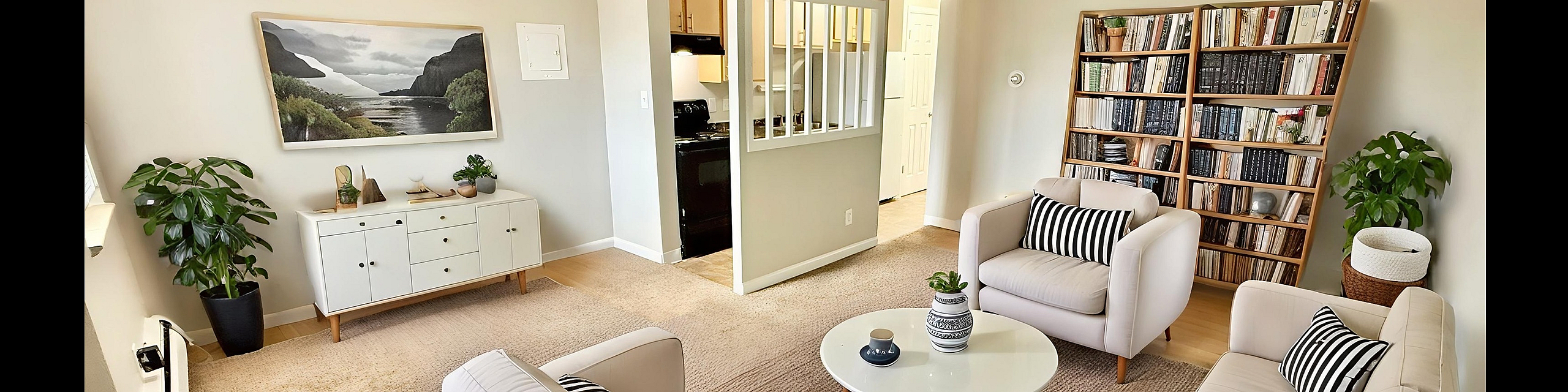 Charming living room with cozy seating, stylish decor, abundant natural light, a modern kitchen entrance, and well-organized bookshelves.