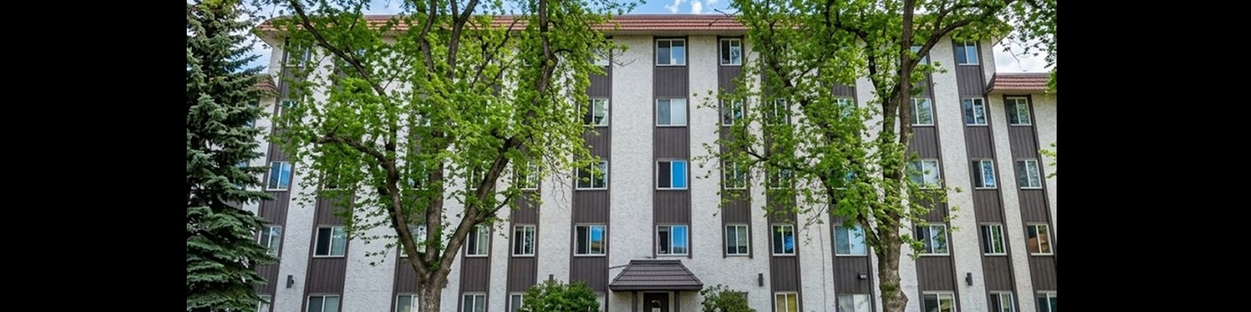 Charming apartment building surrounded by lush green trees, featuring a modern facade with multiple windows and a welcoming entrance.