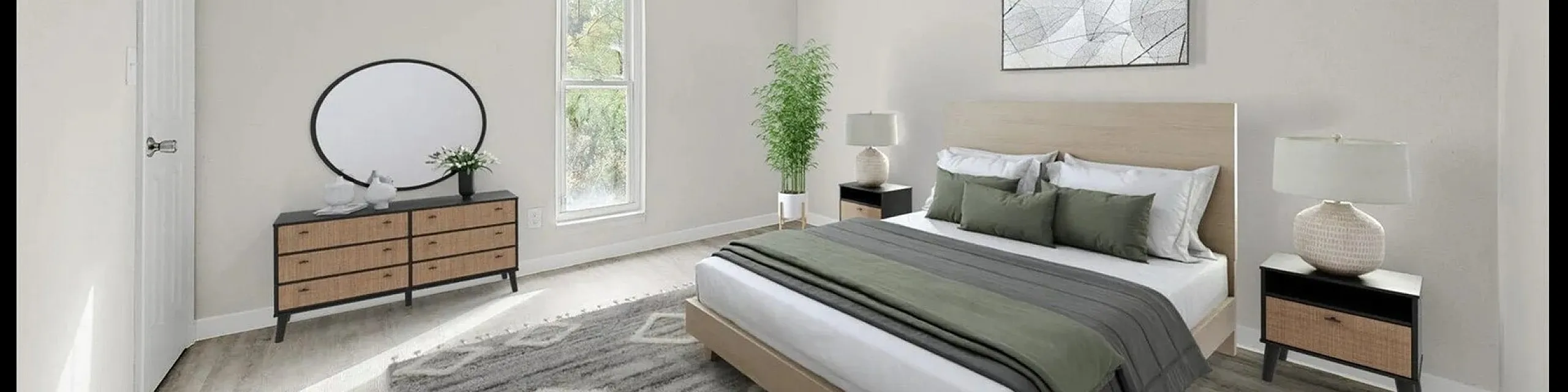Virtually staged bedroom showcasing a cozy modern design with a large window, stylish rug, and elegant dresser.