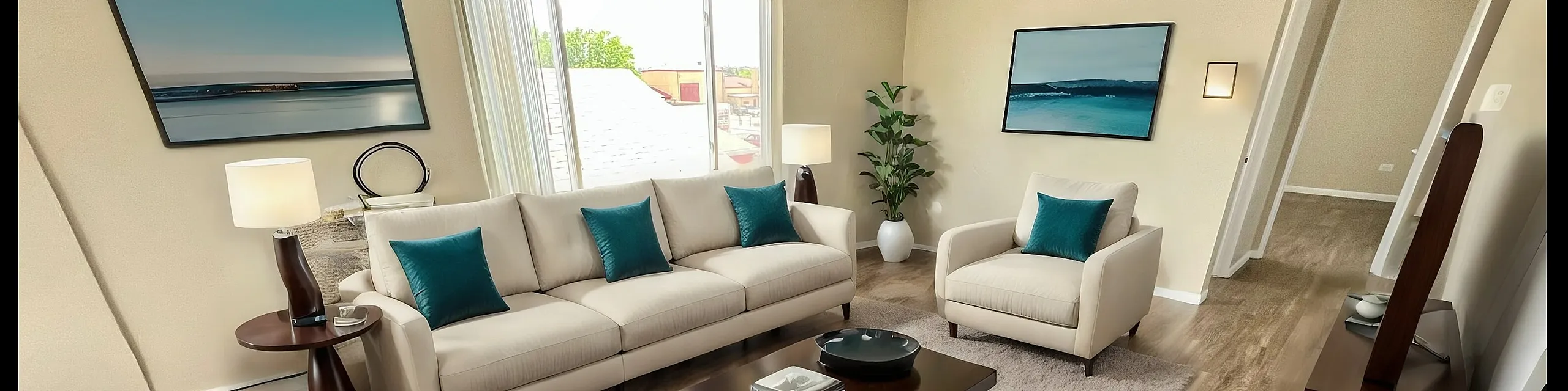 Inviting living room with elegant sofas, modern decor, and natural light on beautiful wood flooring.