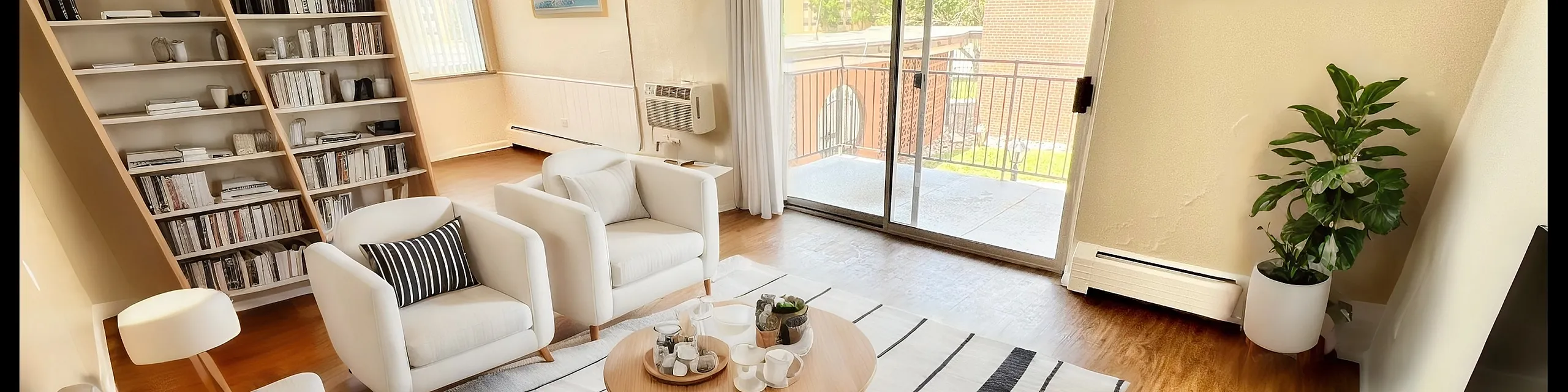 Bright and inviting living room with modern furniture, stylish bookshelf, and a balcony view of lush greenery.
