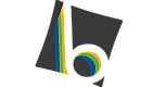 Striking abstract design featuring bold, angular shapes with vibrant rainbow stripes on a dark background.