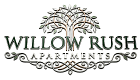 Elegant Willow Rush Apartments logo with intricate tree design and green accents.