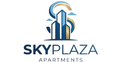 Elegant Sky Plaza Apartments logo featuring stylized skyscrapers and a modern design.