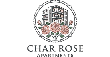 Elegant Char Rose Apartments logo featuring a modern building surrounded by roses, symbolizing luxury and tranquility.