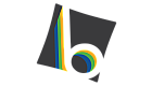 Dynamic logo design with a bold lowercase 'b' featuring vibrant stripes of blue, green, and yellow on a sleek black background.
