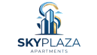 Elegant Sky Plaza Apartments logo featuring stylized skyscrapers in blue and gold.