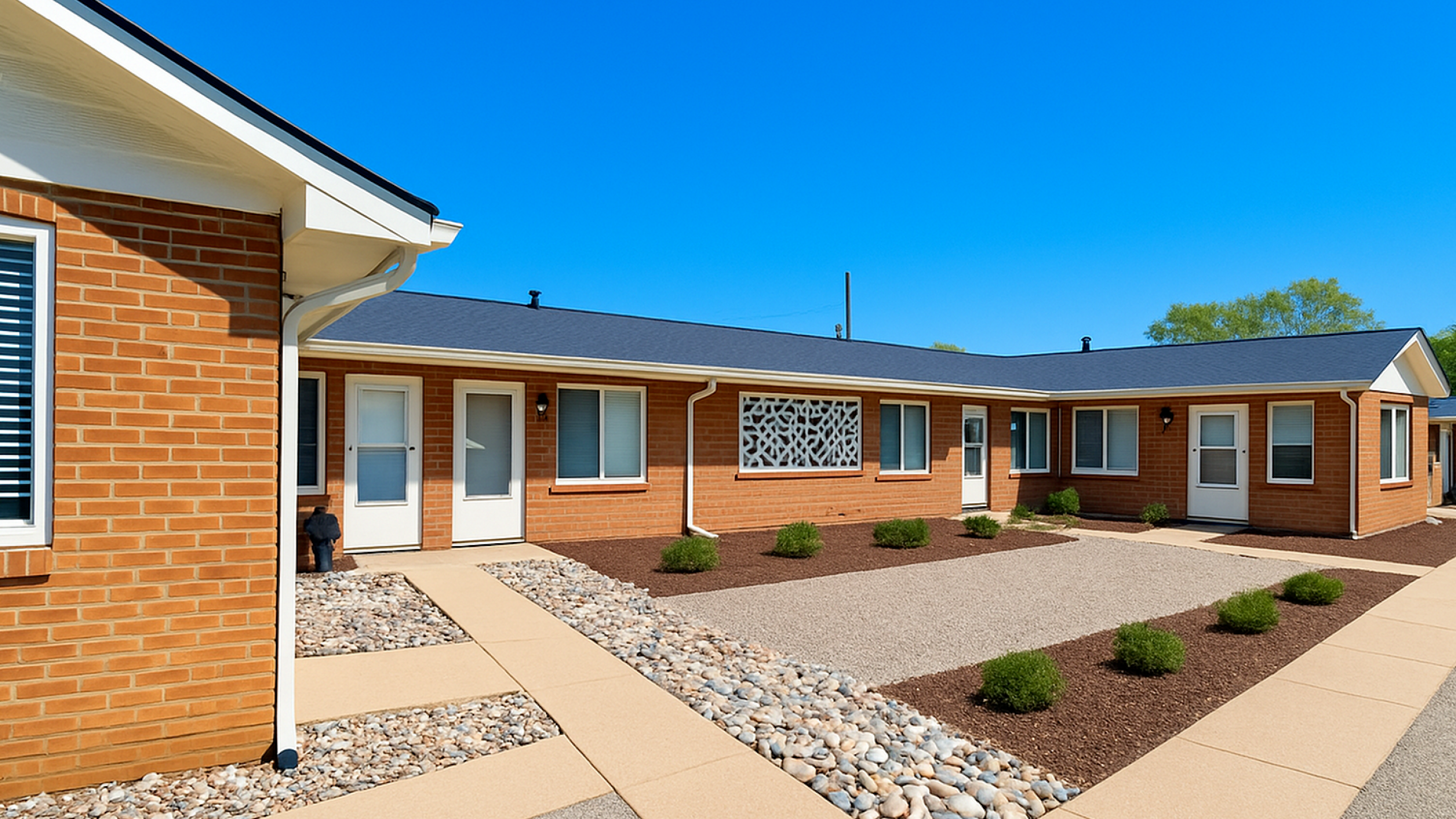 Charming brick apartment complex with modern design, featuring a well-maintained pathway and landscaped garden under a clear blue sky.