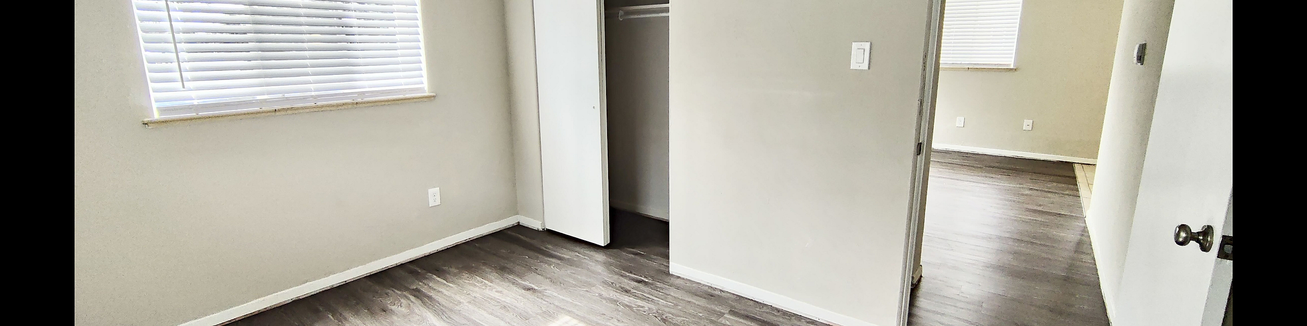Bright and modern bedroom with sleek hardwood floors, large window, and a spacious closet with contemporary design.