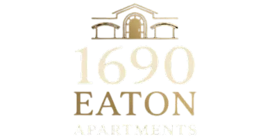 Elegant logo for 1690 Eaton Apartments featuring a classic architectural design in gold.