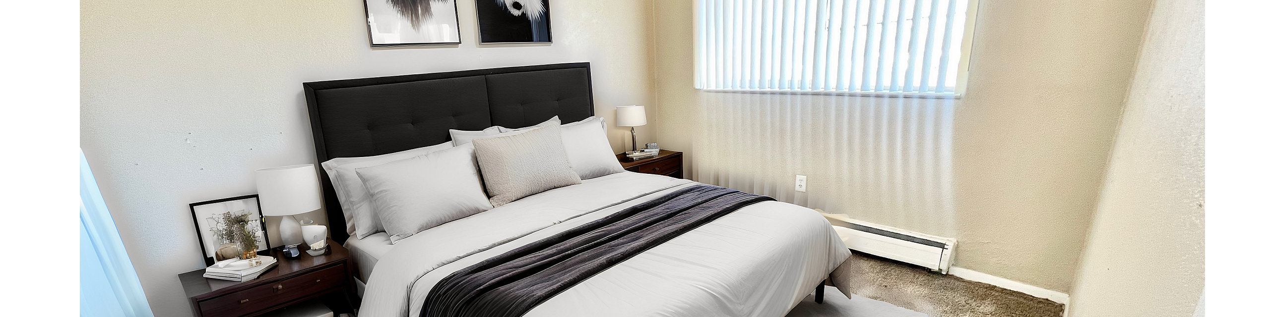 Elegant bedroom with plush carpeting, stylish decor, and abundant natural light from large window.