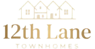 Elegant logo of 12th Lane Townhomes featuring a row of minimalist house icons, showcasing a modern and inviting community.
