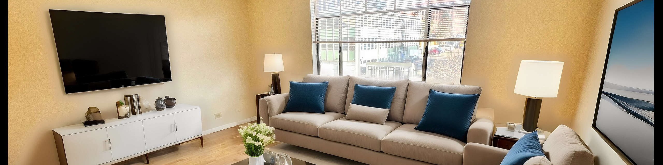 Inviting living room with elegant design, featuring plush seating, a stylish coffee table, and a large flatscreen TV, bathed in natural light from expansive windows.