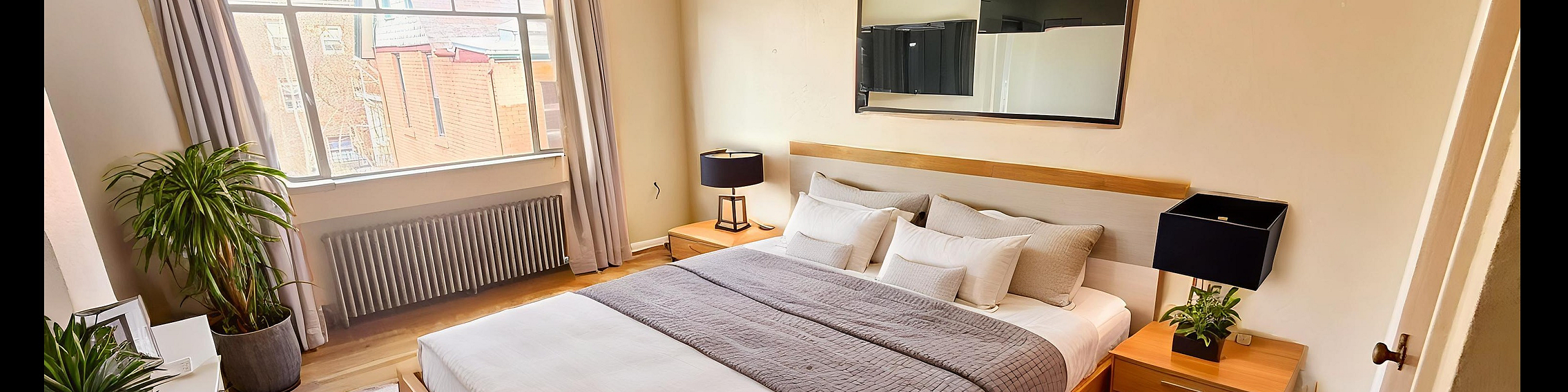 Bright and inviting bedroom featuring a cozy queen-sized bed, large window with city view, elegant wooden furniture, and lush indoor plants.