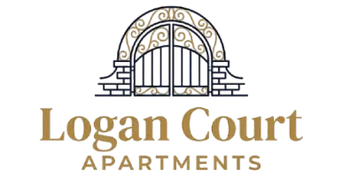 Elegant Logan Court Apartments logo featuring a beautifully designed gate in luxurious gold and navy tones.