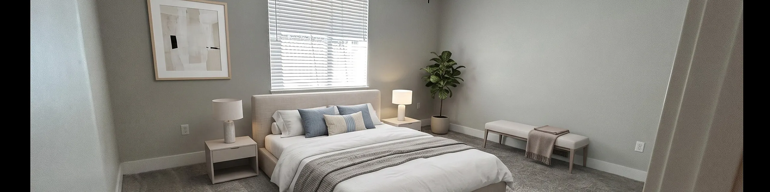 Elegant bedroom featuring a plush bed, stylish decor, and soothing gray tones, complete with modern ceiling fan and natural light.