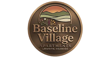 Elegant Baseline Village Apartments logo featuring a scenic landscape with mountains and flowers, located in Lafayette, Colorado.