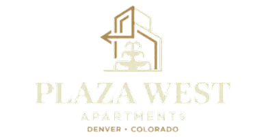 Elegant logo for Plaza West Apartments in Denver, Colorado, featuring a stylish architectural design and font.