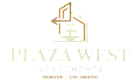 Elegant Plaza West Apartments logo with modern architectural design, located in Denver, Colorado.