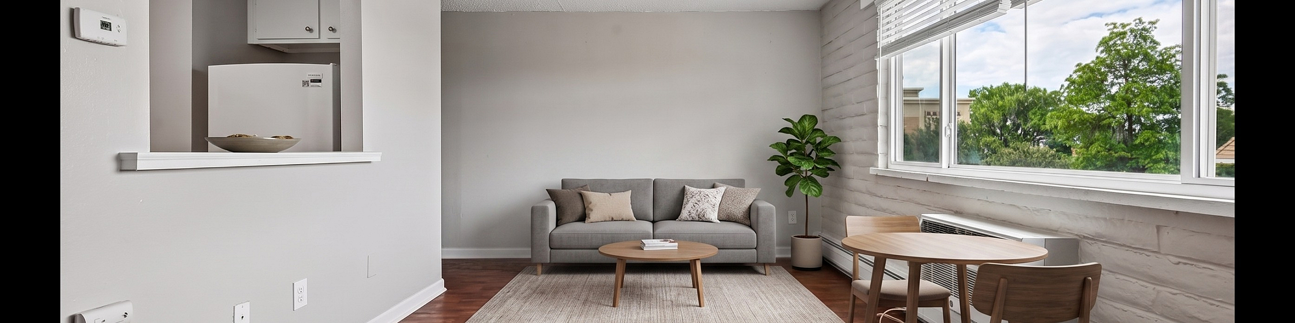 Bright and cozy living area with a sleek gray sofa, modern dining table, large window for natural light, and warm wooden flooring.