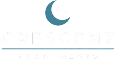 Elegant Crescent Apartments logo featuring a crescent moon and stars on a sleek black background.