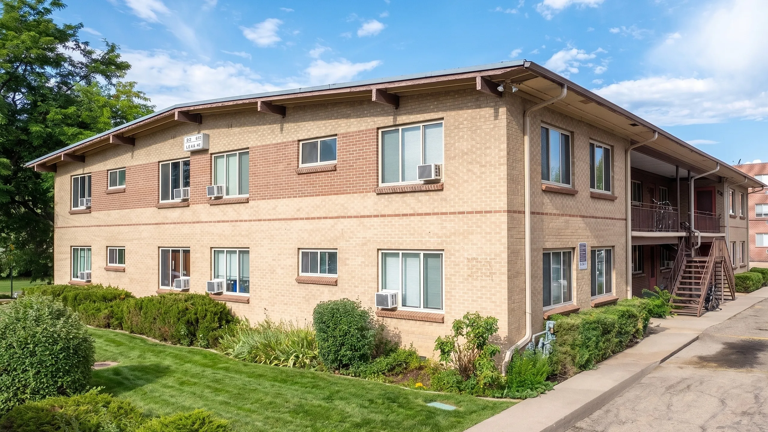 Charming two-story brick apartment complex with lush green landscaping and ample natural light from large windows.